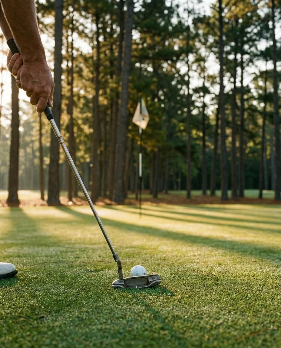 Putter behind golf ball on putting green at golden hour — Golf Club of Georgia
