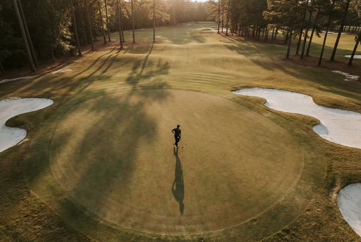 Overhead view of golfer alone on a large undulating putting green