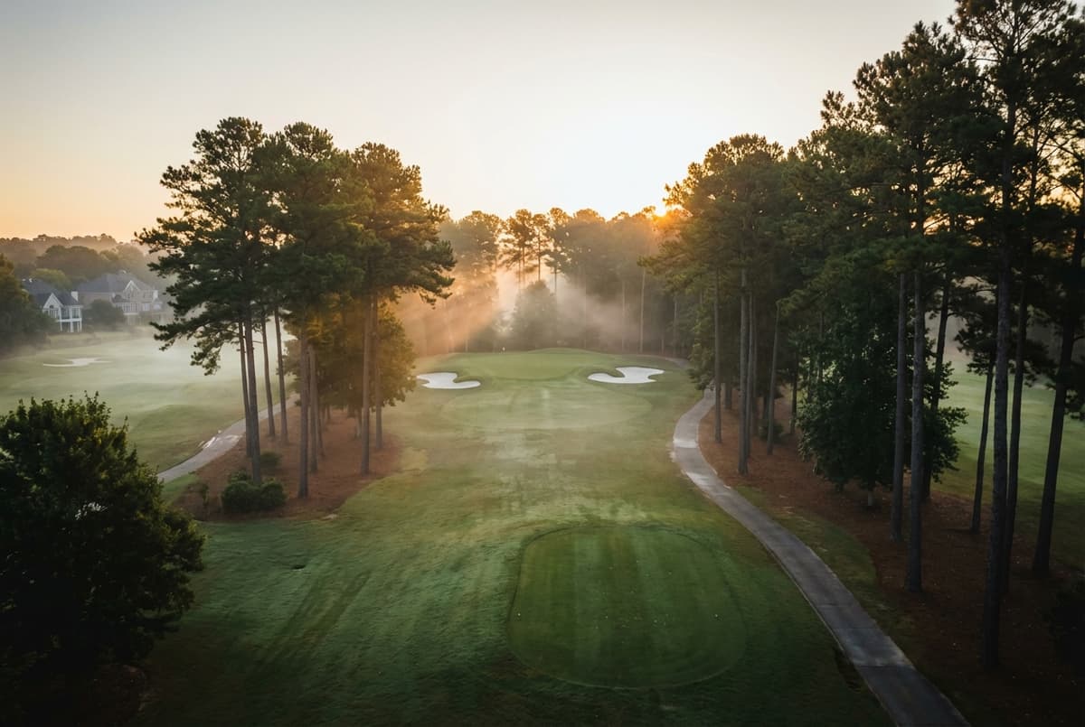 Aerial view of Golf Club of Georgia at sunrise with morning mist through pine trees