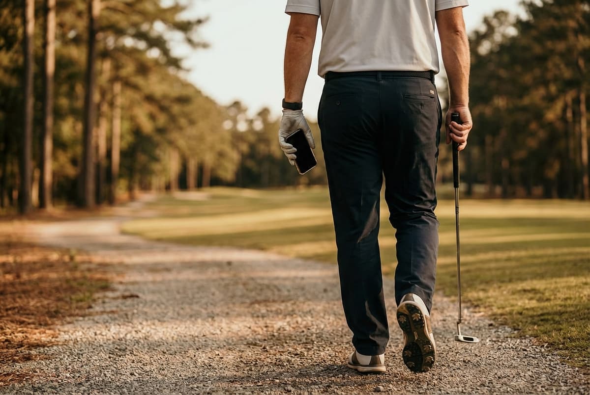 Golfer walking down cart path with phone in hand, ready to play