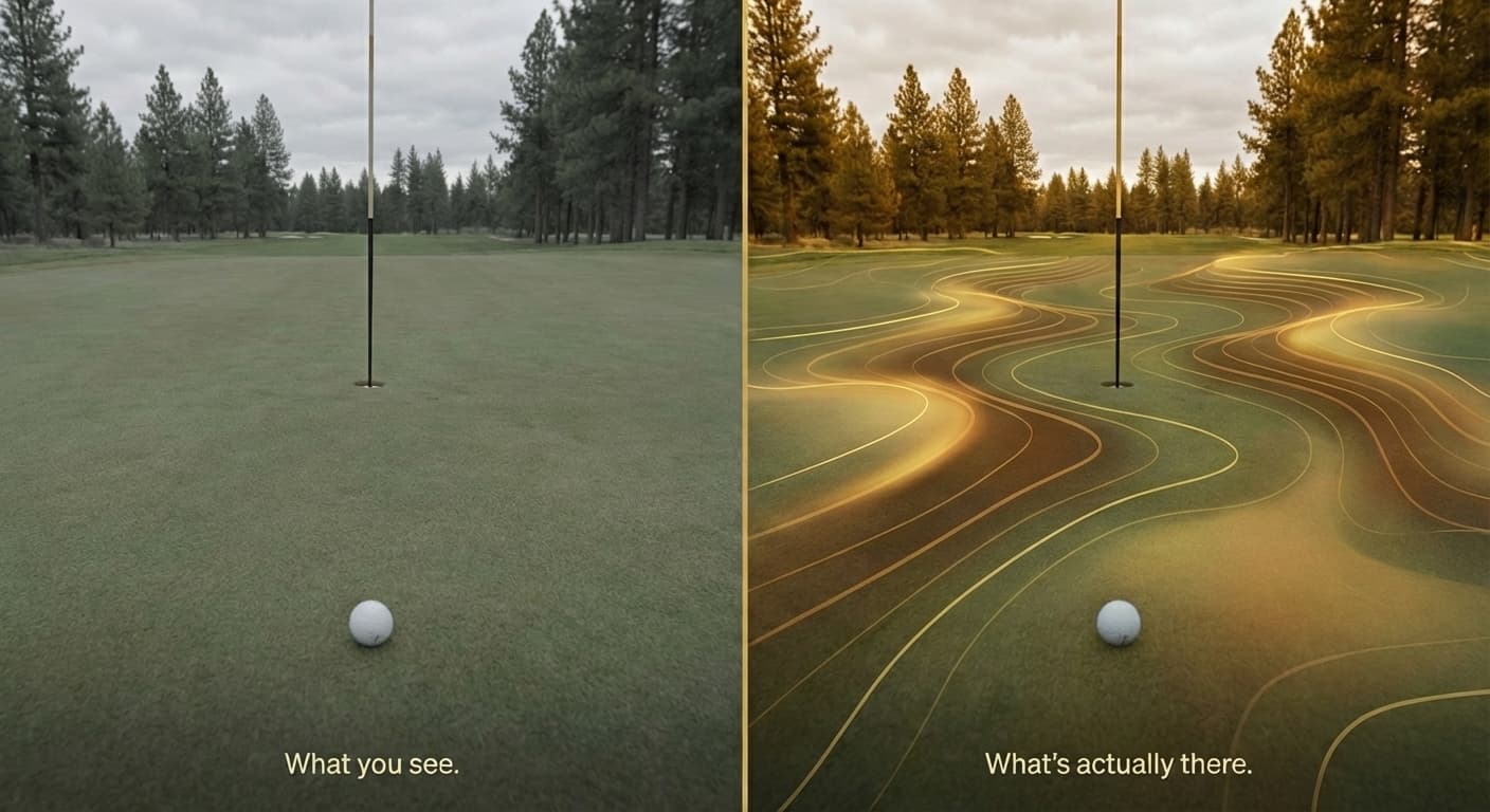 Split comparison: what a putting green looks like to the naked eye versus the hidden slopes and breaks revealed by data